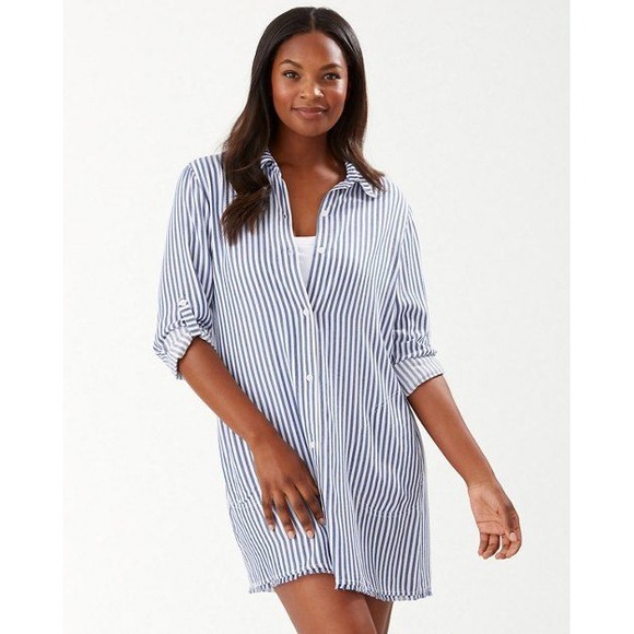 Tommy Bahama Womens M Chambray Stripe Boyfriend Beach Shirt Button Down Frayed - Picture 1 of 5